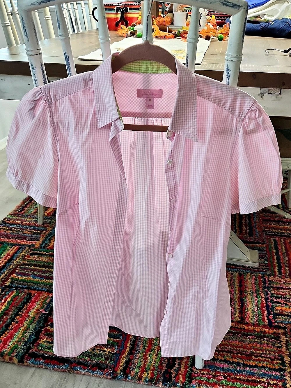 Lilly Pulitzer Pink & White Gingham Button Down Blouse Sz 10